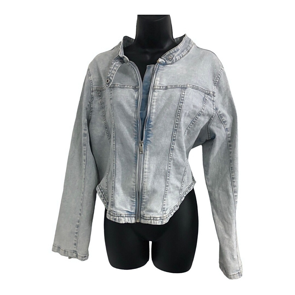 Light wash motorcycle style zip front denim jean moto jacket‎ size large new
